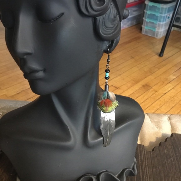 Hand Crafted Imitation Eagle & Turquoise Feather Hand Painted Tribal Earrings - Picture 12 of 16